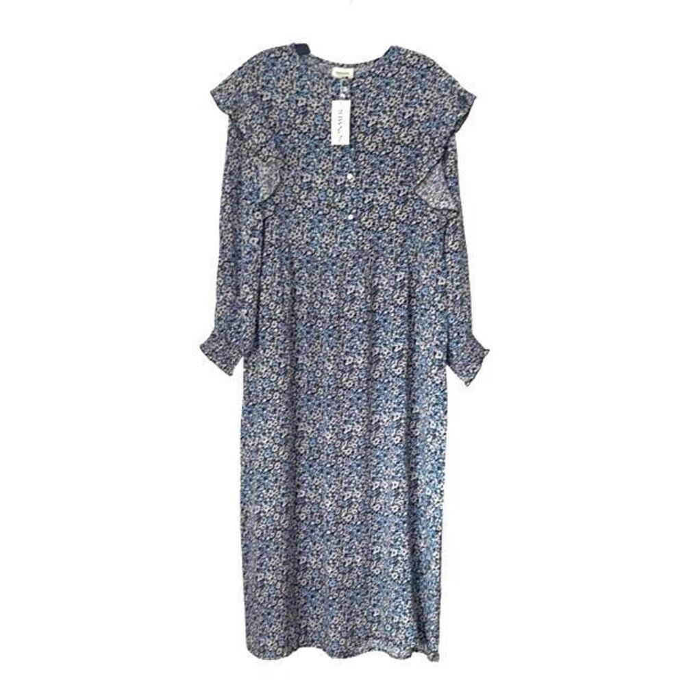 Sonmer‎ Womens Floral Long Sleeve Ruffle Trim Maxi Dress Blue Multi Small NWT